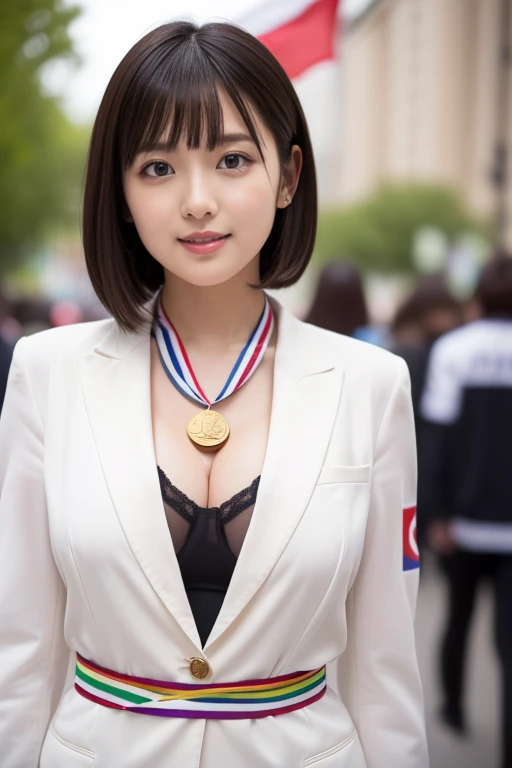 masterpiece)、(Highest quality:1.5)、(Photorealistic:1.2)、(Surreal), (High resolution), (Realistic), (Post-processing),(Sharp focus), Sharp focus:1.2,Backlight, (Improvement of quality:1.4), (Narrow waist)、((Perfectly detailed five-fingered hands)),(Anatomically correct body)、((1 female:1.4))、Japanese、Realistic Skin、(Small chest:1.4)、Bust size is A cup、A pretty woman with a slender figure:1.4,(from the front:1.5), (Enhances the beauty of skin texture:1.1),No makeup、美しいBlack Hair、smile、Natural color lip、(Small Mouth:1.4)、The mouth is not open、Thick lips、(Oval Face)、Even bangs、Hide eyebrows with bangs、((33-year-old woman))、Bob Hair、Hair blowing in the wind, (Black Hair, Iris, Watery eyes, Shining Eyes, Bob cut hair,), Hair behind the ear、No makeup、(Drooping eyes)、(((One lovely woman)),((優しい大きなsmile)),(( Small breasts,Small breastsの谷間)),((((Plump Cheeks)))),very cute,(Baby Face),Raccoon face,Wear a white sports winter jersey suit、Arena、Hair is wet、((whole body))、Stand on tiptoes、Put a gold medal around your neck and bite it、((The national flag is the Hinomaru))、