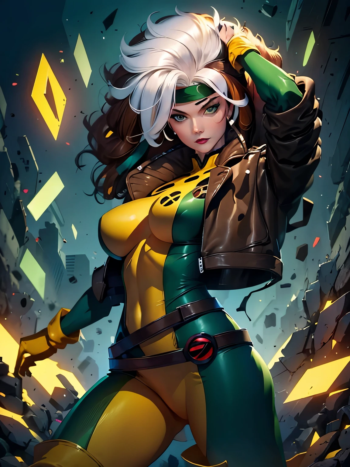 (Highly quality, masterpiece, detailed), night city detailed scenario, night city detailed background, 20 years old girl, solo, multi colored hair, white hair, brown hair, Superhero, Rogue, Xtreme, blue eyes, jacket, open clothes, belt, open jacket, headband, cropped legs, leather, leather jacket, green pants, yellow pants, yellow leather top, green leather top, crop top, navel, perfect face, beautiful eyes, perfect eyes, looking at the viewer, Sexy pose
