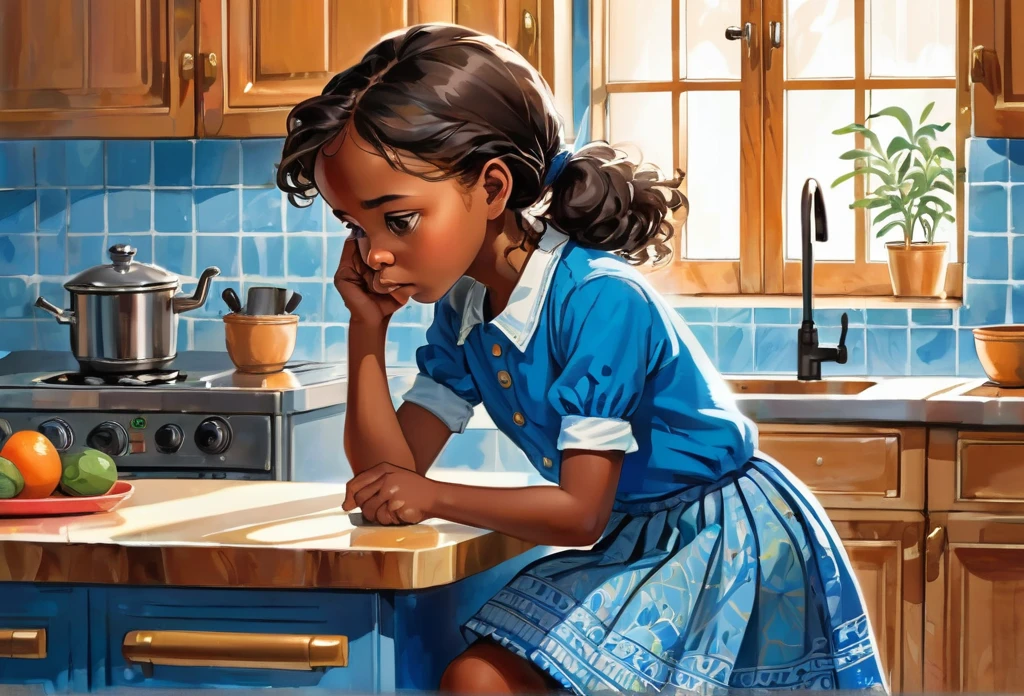  4 years old girl wearing a blue shirt and skirt, making a phone call, looking worried, in a nice modern kitchen, close up shot,
African (masterpiece best quality:1.2) delicate illustration ultra-detailed, illustrations, bright, colourful, 