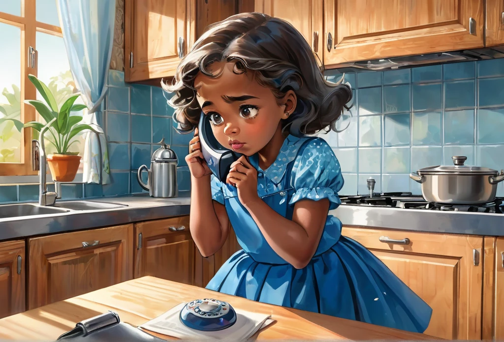 4 years old girl wearing a blue shirt and skirt, making a phone call, looking worried, in a nice modern kitchen, close up shot,
African (masterpiece best quality:1.2) delicate illustration ultra-detailed, illustrations, bright, colourful,