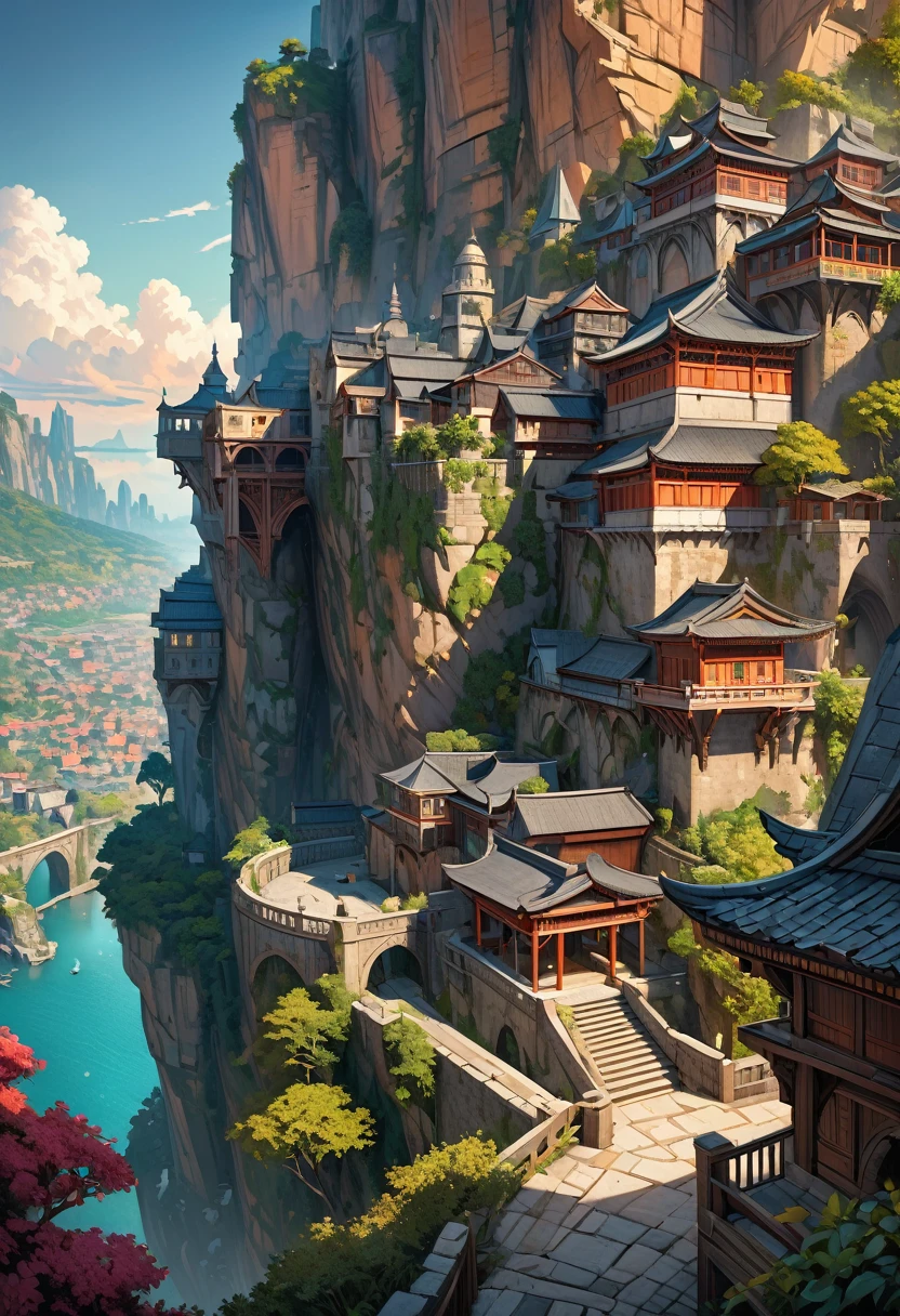 (masterpiece, best quality,ultra highres),Beautiful detailed scenery,Fantasy art, cities built on cliffs, houses carved out of walls, cities with depth,depth of field,portrait,role playing game artwork,magnificent view,