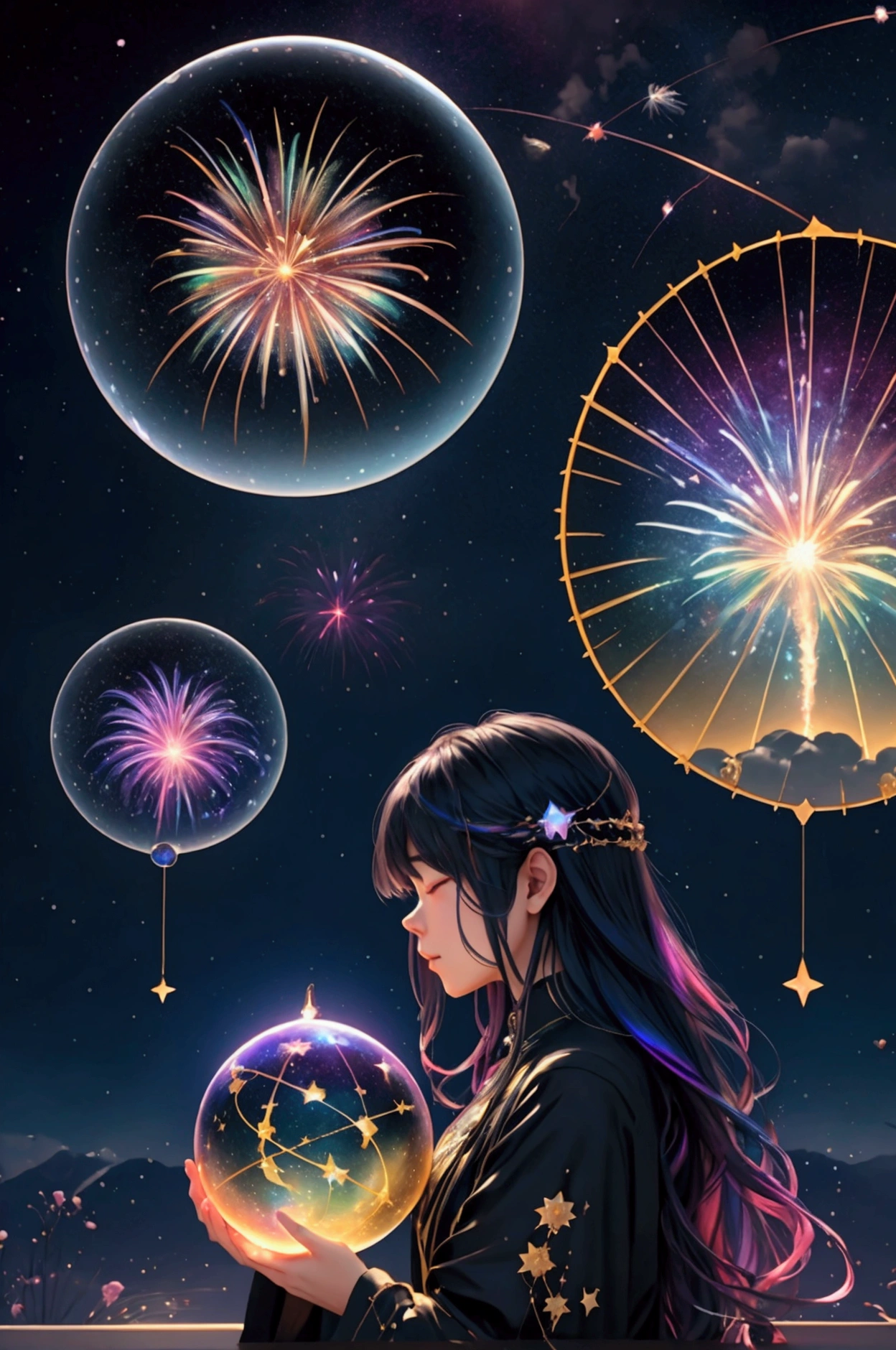 The world we see、Iridescent幻想的なNight Sky、constellation,Mysterious Landscape、firework、firework大会、Iridescentfireworkが打ちあがっている瞬間、夜nullとともに、幻想的な海景色で壮大なfirework、future都市、Highest quality、masterpiece, (Diffuse reflection of light:1.2), When the fantastic rainbow turns into shadow, bathed in a mystical atmosphere.Cast magic spells. evoke a sense of wonder and awe. A fusion of natural grandeur and magic, Weaving dreams into reality. Behold, null, And the unknown, wonderful風景、 Iridescentconstellation、Iridescent空包み込まれそうな瞬間，When the stars shine in rainbow colors、Astronomical Observation、Planetarium、meteor、colorful，美しいconstellation、3D，wonderful景色，Night Sky，An atmosphere full of dreams and hope，masterpiece．16K, Ultra-high resolution, to be born,wonderful ,future、Iridescent、The world 30 years from now。