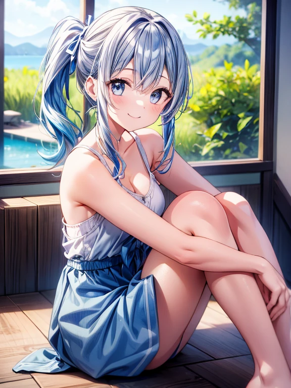 One Girl、Resort、relaxation、Casual Theme、Blue hair tied in a ponytail、Smiling Kindly