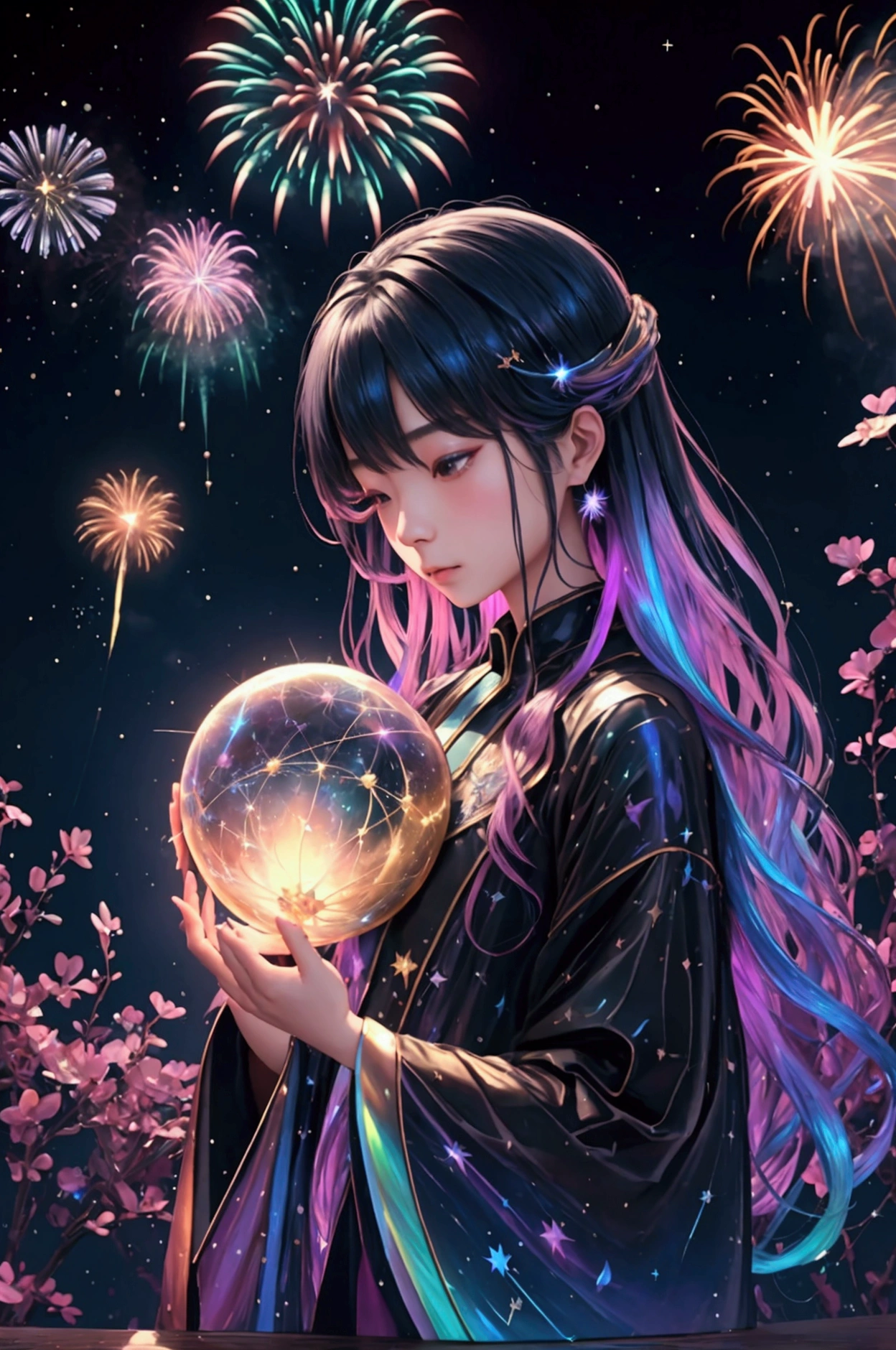 The world we see、Iridescent幻想的なNight Sky、constellation,Mysterious Landscape、firework、firework大会、Iridescentfireworkが打ちあがっている瞬間、夜nullとともに、幻想的な海景色で壮大なfirework、future都市、Highest quality、masterpiece, (Diffuse reflection of light:1.2), When the fantastic rainbow turns into shadow, bathed in a mystical atmosphere.Cast magic spells. evoke a sense of wonder and awe. A fusion of natural grandeur and magic, Weaving dreams into reality. Behold, null, And the unknown, wonderful風景、 Iridescentconstellation、Iridescent空包み込まれそうな瞬間,When the stars shine in rainbow colors、Astronomical Observation、Planetarium、meteor、colorful,美しいconstellation、3D,wonderful景色,Night Sky,An atmosphere full of dreams and hope,masterpiece.16K, Ultra-high resolution, to be born,wonderful ,future、Iridescent、The world 30 years from now。