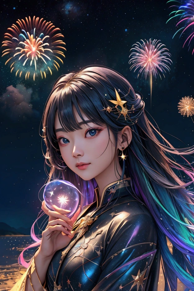 The world we see、Iridescent幻想的なNight Sky、constellation,Mysterious Landscape、firework、firework大会、Iridescentfireworkが打ちあがっている瞬間、夜nullとともに、幻想的な海景色で壮大なfirework、future都市、Highest quality、masterpiece, (Diffuse reflection of light:1.2), When the fantastic rainbow turns into shadow, bathed in a mystical atmosphere.Cast magic spells. evoke a sense of wonder and awe. A fusion of natural grandeur and magic, Weaving dreams into reality. Behold, null, And the unknown, wonderful風景、 Iridescentconstellation、Iridescent空包み込まれそうな瞬間，When the stars shine in rainbow colors、Astronomical Observation、Planetarium、meteor、colorful，美しいconstellation、3D，wonderful景色，Night Sky，An atmosphere full of dreams and hope，masterpiece．16K, Ultra-high resolution, to be born,wonderful ,future、Iridescent、The world 30 years from now。