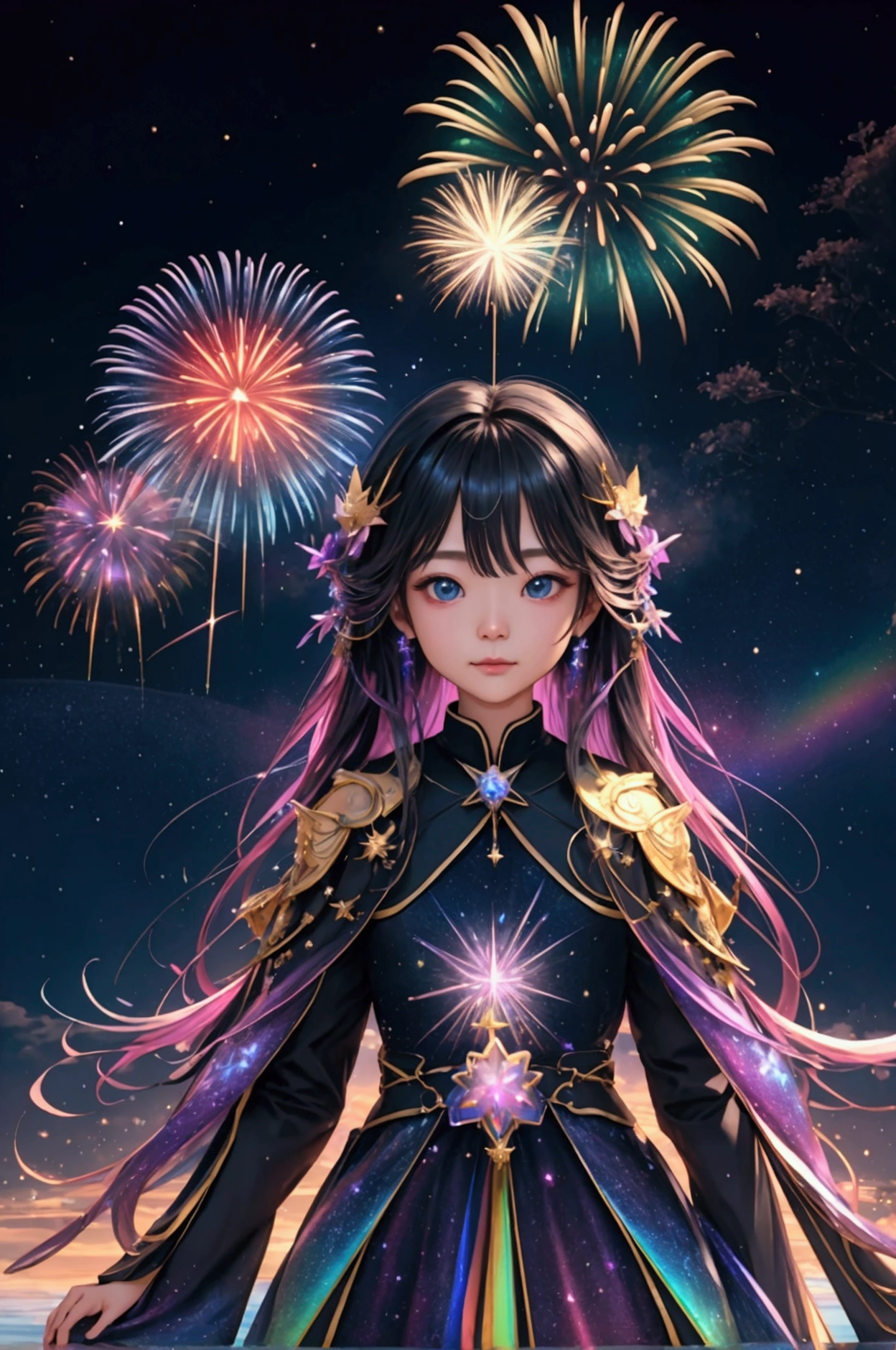 The world we see、Iridescent幻想的なNight Sky、constellation,Mysterious Landscape、firework、firework大会、Iridescentfireworkが打ちあがっている瞬間、夜nullとともに、幻想的な海景色で壮大なfirework、future都市、Highest quality、masterpiece, (Diffuse reflection of light:1.2), When the fantastic rainbow turns into shadow, bathed in a mystical atmosphere.Cast magic spells. evoke a sense of wonder and awe. A fusion of natural grandeur and magic, Weaving dreams into reality. Behold, null, And the unknown, wonderful風景、 Iridescentconstellation、Iridescent空包み込まれそうな瞬間,When the stars shine in rainbow colors、Astronomical Observation、Planetarium、meteor、colorful,美しいconstellation、3D,wonderful景色,Night Sky,An atmosphere full of dreams and hope,masterpiece.16K, Ultra-high resolution, to be born,wonderful ,future、Iridescent、The world 30 years from now。