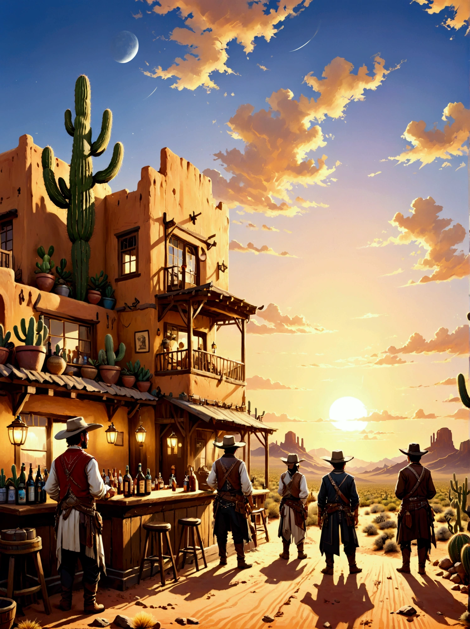 A picturesque role-playing scene，The majestic wild landscape of Arizona is in the background。Let&#39;s imagine，The endless desert plains are bathed in the warm golden light of the setting sun，Cacti dot the horizon。A group of people from different origins，Middle Eastern people、Hispanics and South Asians，A lively role-playing game is in progress。Their clothing ranges from cowboy to pioneer，Each adds to the country charm。In the distance stands a typical Western-style wooden bar.，Adds a touch of realism to the scene。