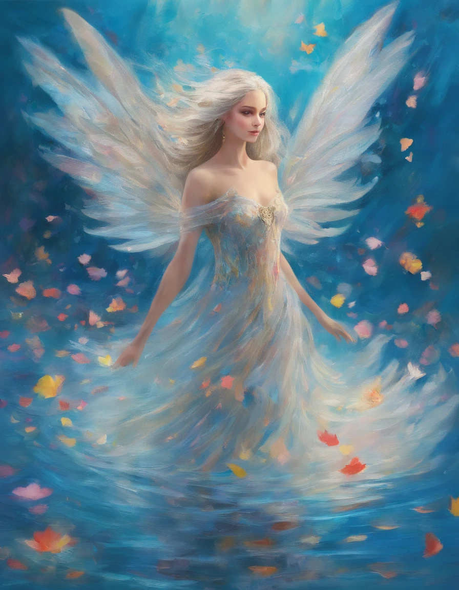 (((3D impressionist illustration, The face is precise))), A Russian girl in her early 20s with ash grey hair, Head to toe full body, Low Contrast, A pure fallen angel descending onto the clear blue water, A multitude of colorful feathers flutter behind her