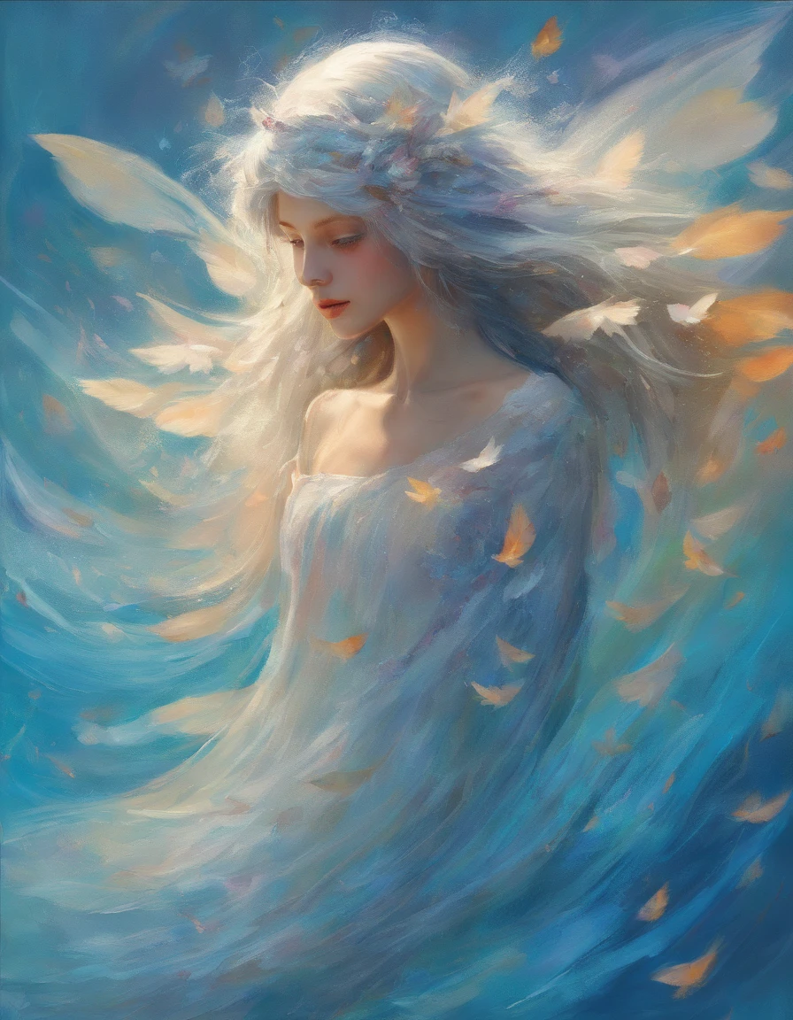 (((3D impressionist illustration, The face is precise))), A Russian girl in her early 20s with ash grey hair, Head to toe full body, Low Contrast, A pure fallen angel descending onto the clear blue water, A multitude of colorful feathers flutter behind her