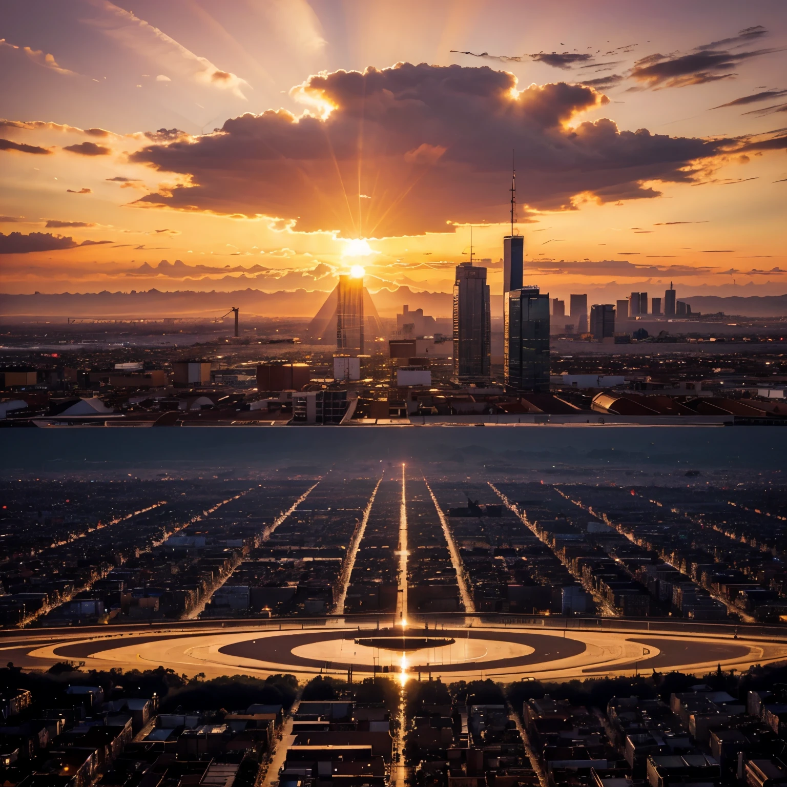 A psychedelic sunset over a city, large sun, no people just the scene