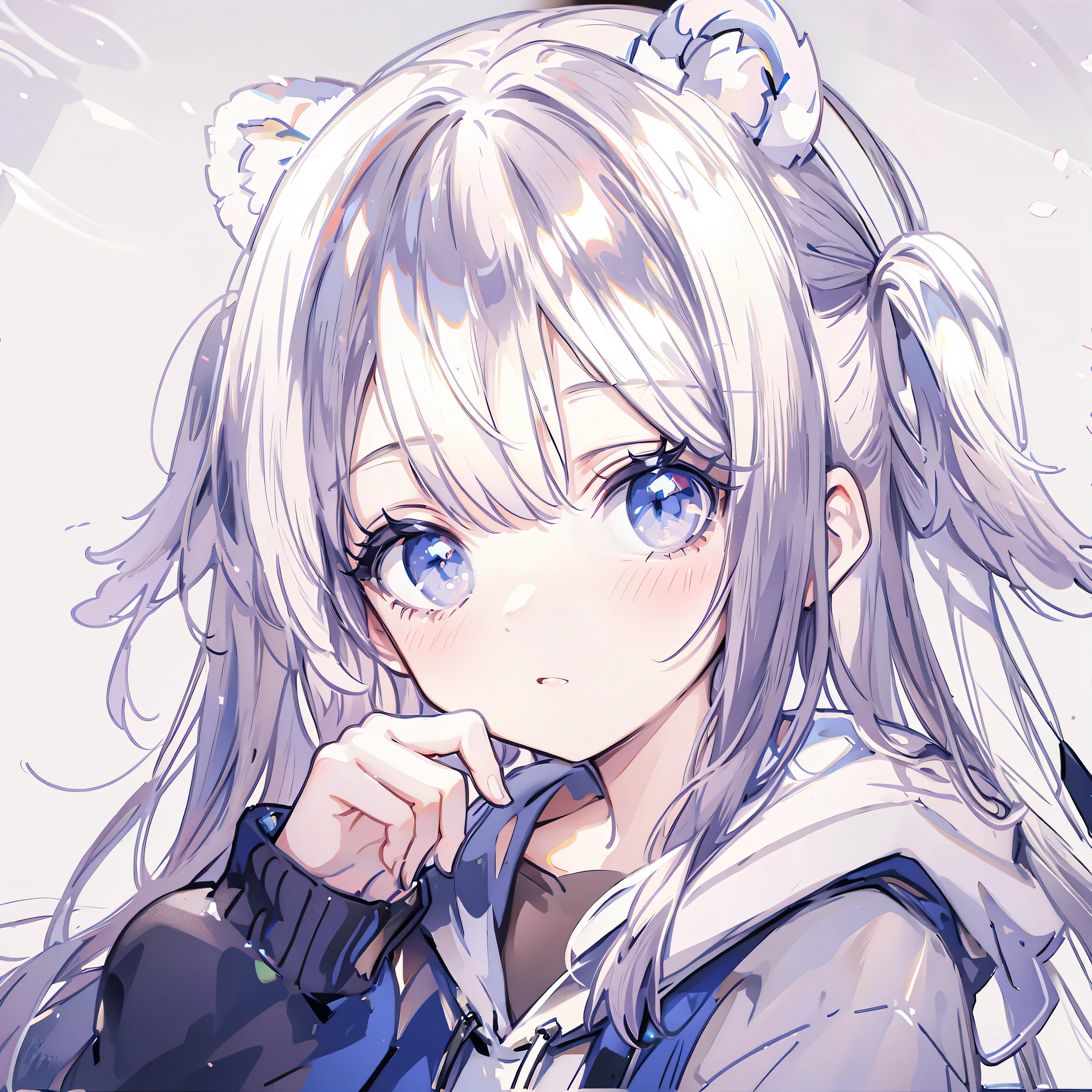 A little cute girl,Wearing a white hoodie with bear ears,White Background