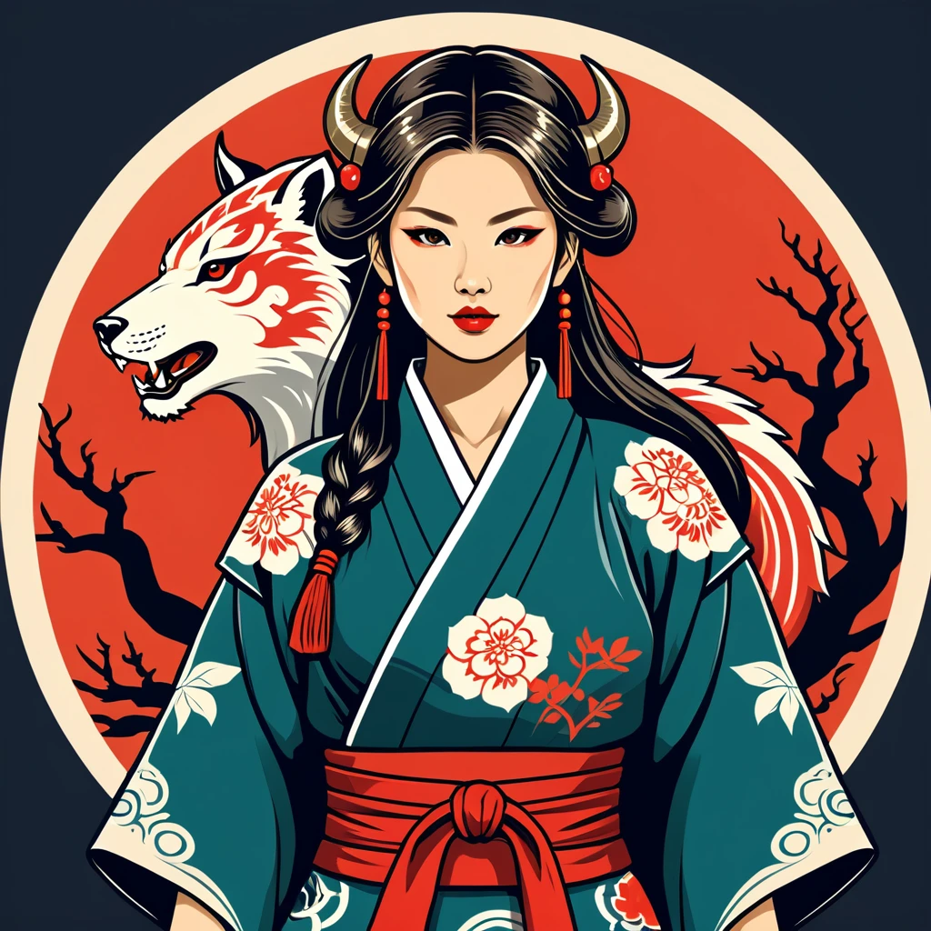 female beastmaster in japanese folk outfit ,vector graphics, strong contours, logo design