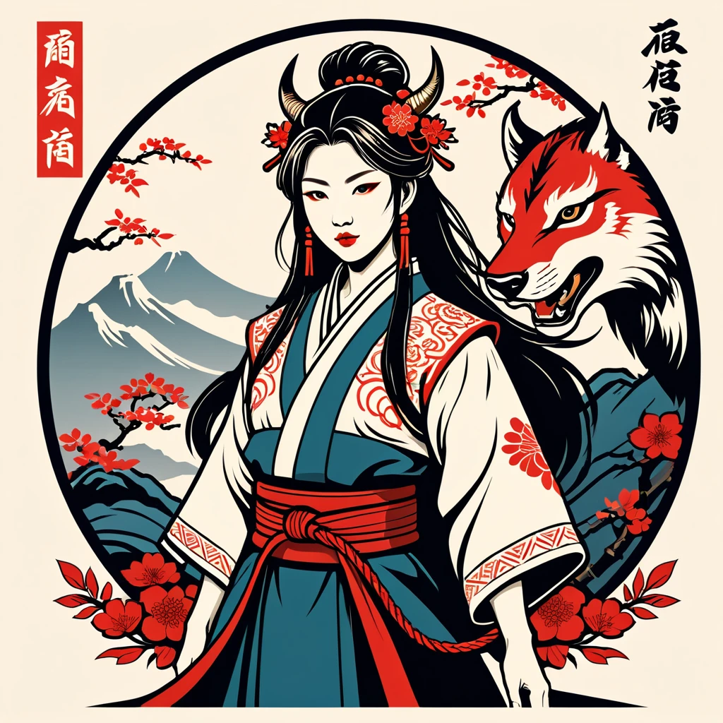 female beastmaster in japanese folk outfit ,vector graphics, strong contours, logo design