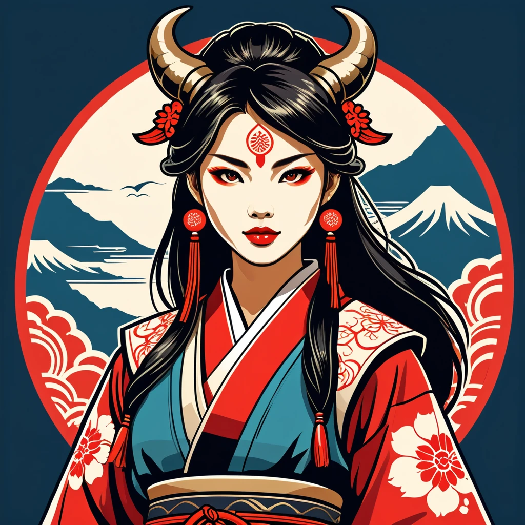 female beastmaster in japanese folk outfit ,vector graphics, strong contours, logo design