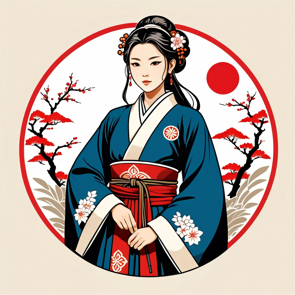 female	cleric	in japanese folk outfit	,vector graphics, strong contours, logo design																						