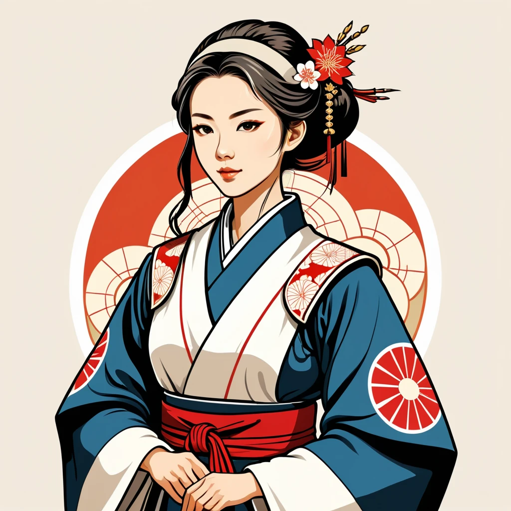 female cleric in japanese folk outfit ,vector graphics, strong contours, logo design