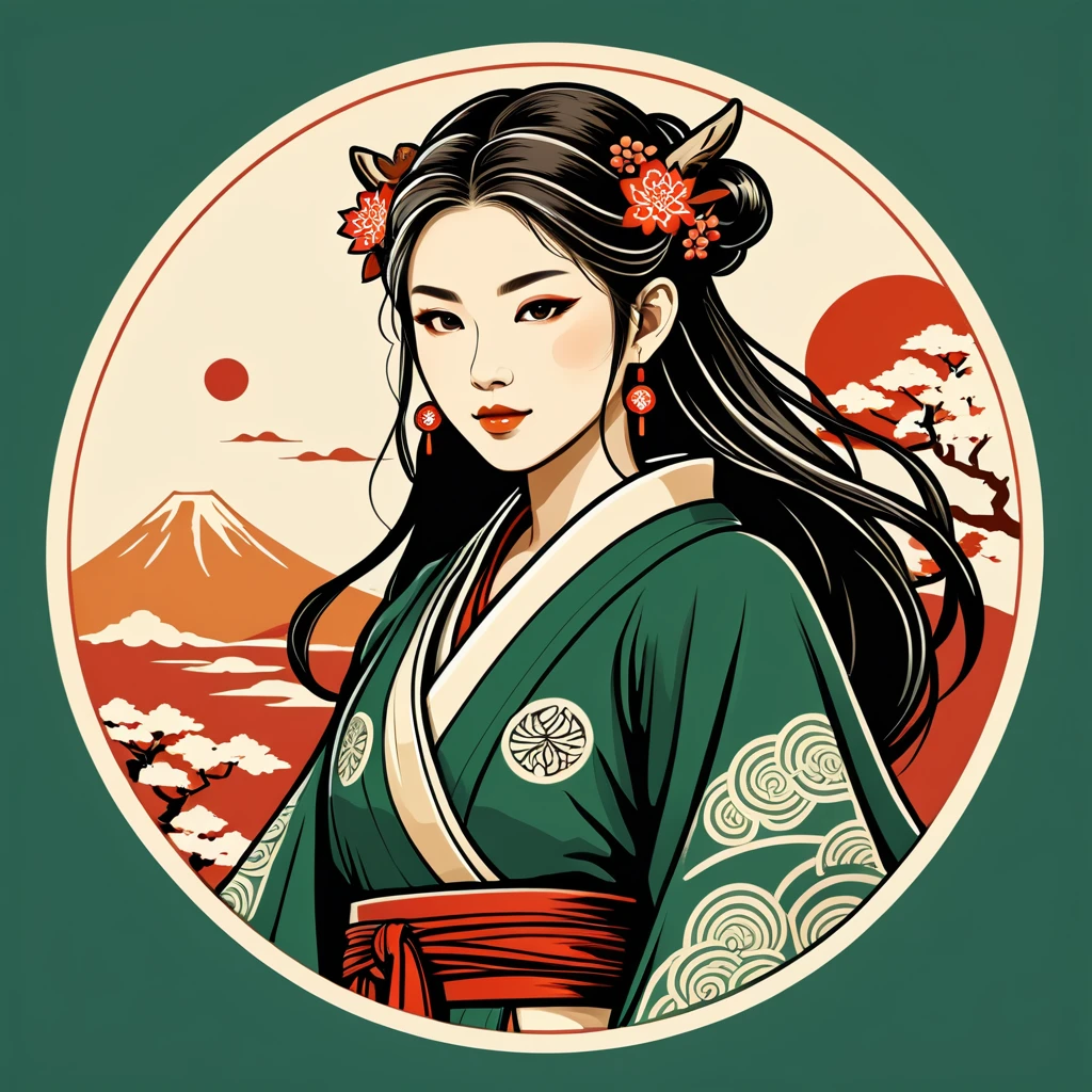 female	druid	in japanese folk outfit	,vector graphics, strong contours, logo design																						