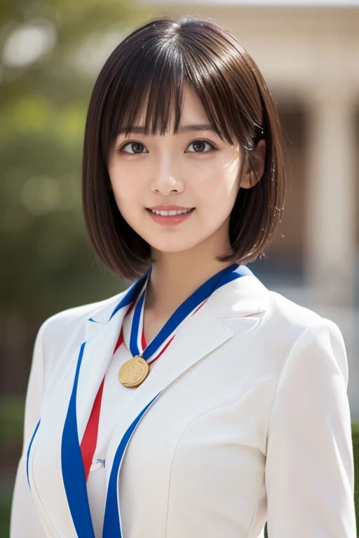 masterpiece)、(Highest quality:1.5)、(Photorealistic:1.urreal), (High resolution), (Realistic), (Post-processing),(Sharp focus), Sharp focus:1.2,Backlight, (Improvement of quality:1.4), (Narrow waist)、((Perfectly detailed five-fingered hands)),(Anatomically correct body)、((1 female:1.4))、Japanese、Realistic Skin、(Small chest:1.4)、Bust size is A cup、A pretty woman with a slender figure:1.4,(from the front:1.5), (Enhances the beauty of skin texture:1.1),No makeup、美しいBlack Hair、smile、Natural color lip、(Small Mouth:1.4)、The mouth is not open、Thick lips、(Oval Face)、Even bangs、Hide eyebrows with bangs、((33-year-old woman))、Bob Hair、Hair blowing in the wind, (Black Hair, Iris, Watery eyes, Shining Eyes, Bob cut hair,), Hair behind the ear、No makeup、(Drooping eyes)、(((One lovely woman)),((優しい大きなsmile)),(( Small breasl breastsの谷間))ump Cheeks)))),very cute,(Baby Face),Raccoon face,Wear a white sports winter jersey suit、Arena、Hair is wet、((whole body))、Stand on tiptoes、Put a gold medal around your neck and bite it、((The national flag is the Hinomaru:1.5))、