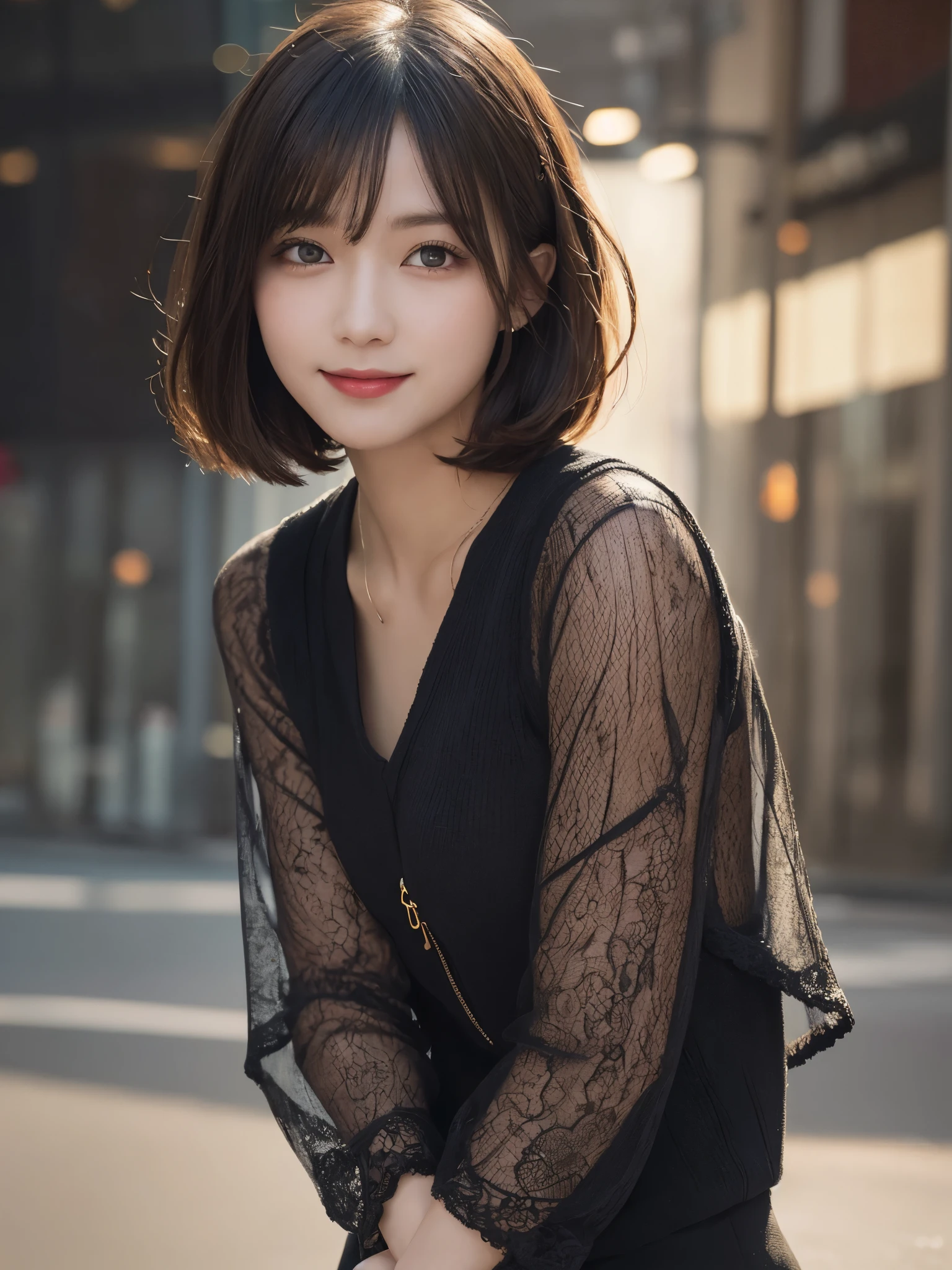 masterpiece, best quality, illustration, ultra-detailed, finely detailed, high resolution, 8K wallpaper, perfect dynamic composition, beautiful detailed eyes, Shibuya, edgy fashion, short hair, fierce expression, cute, smile, looking at camera