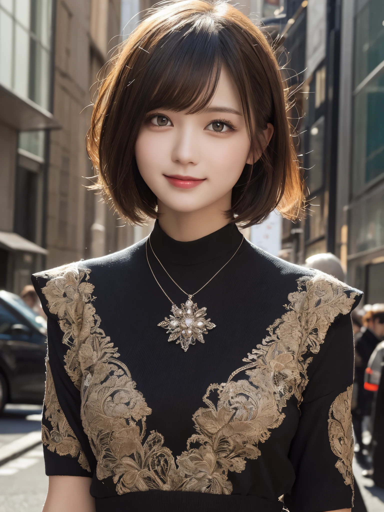 masterpiece, best quality, illustration, ultra-detailed, finely detailed, high resolution, 8K wallpaper, perfect dynamic composition, beautiful detailed eyes, Shibuya, edgy fashion, short hair, fierce expression, cute, smile, looking at camera