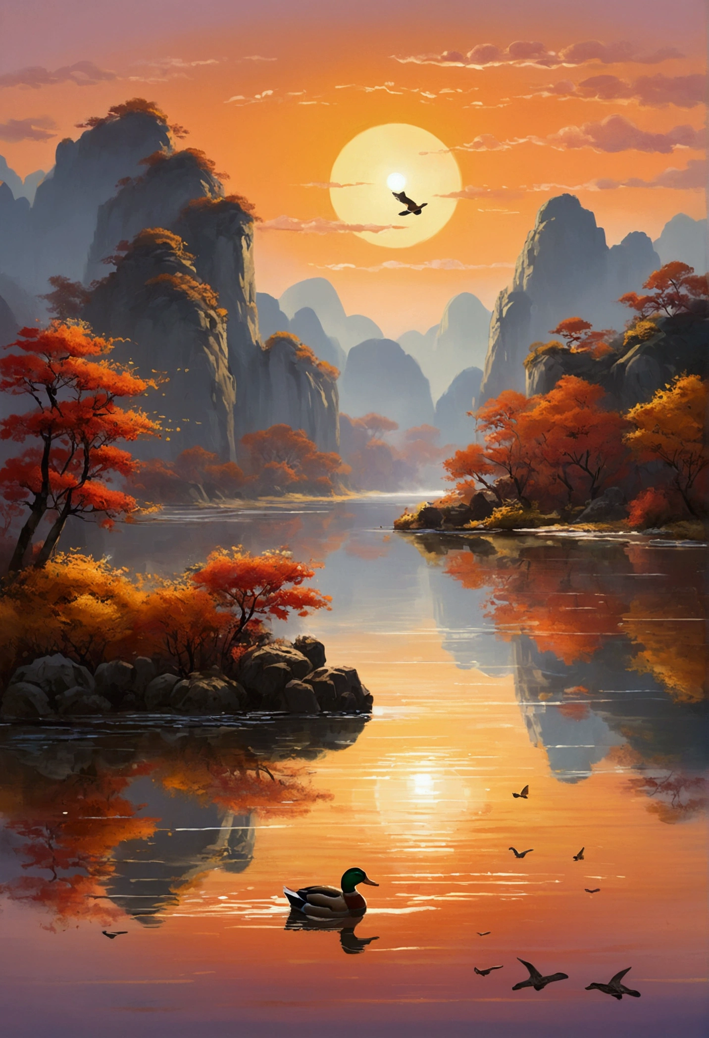 ((masterpiece)), ((Highest quality)), 8k, Detailed, 非常にDetailed, Evening Light ,Simple colors,Chinese landscape painting style,A duck flying in the sunset,reflection, autumn, river, Vast Sky, merge, Calm, Harmonious, peaceful trumpet