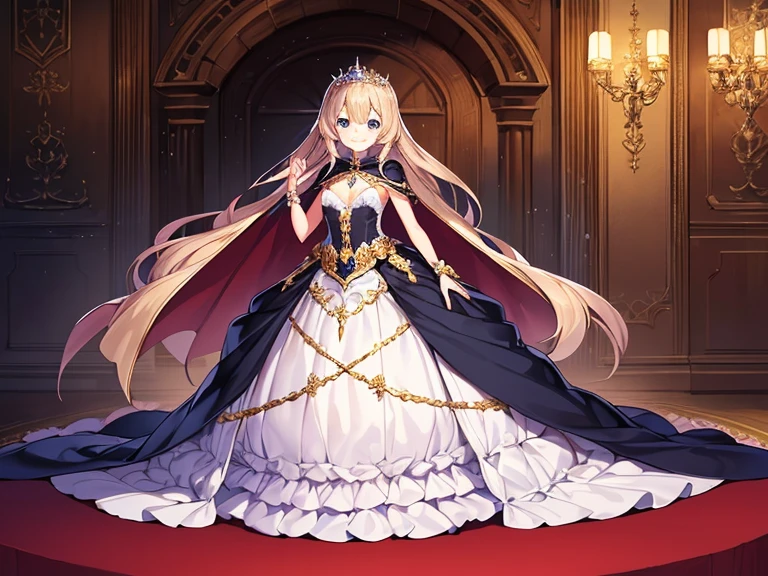 best quality,(long train cape:1.15),(long train ball gown with floral decoration:1.15), a girl is wearing a cape over her dress, anime style, rococo style, little princess, tiara, kind smile, very long hair, small breast, perfect fingers, masterpiece