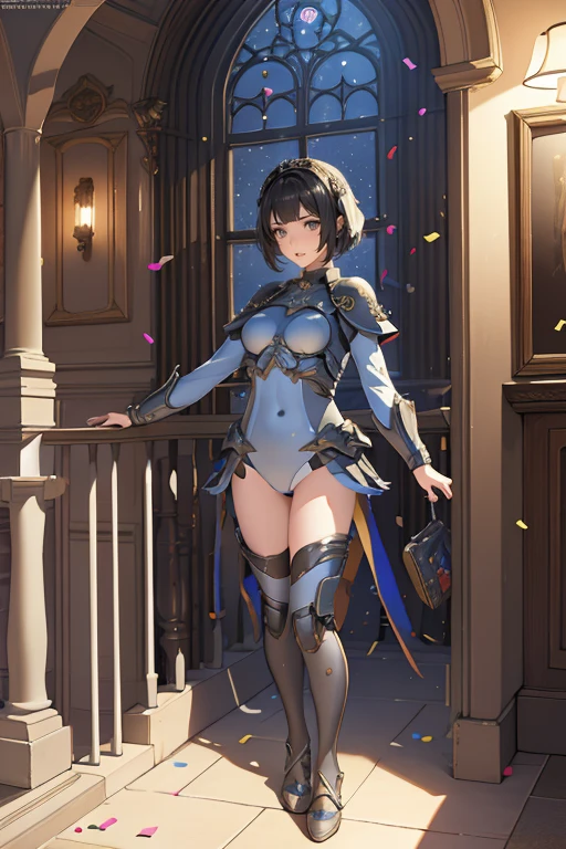 Highest quality, Official Art, masterpiece, Fabric Shading, High resolution, Very detailed, colorful, Best details, Fantasy, suit, 1 female, Age 25, Standing on the stairs,Pub with castle view, Many Stars々Shining night,short hair, bob cut, black hair, wavy hair, {Surrounded by a lot of people:1.9}, Confetti falling、Blessed、Welcomed:1.5, whole body:1.6