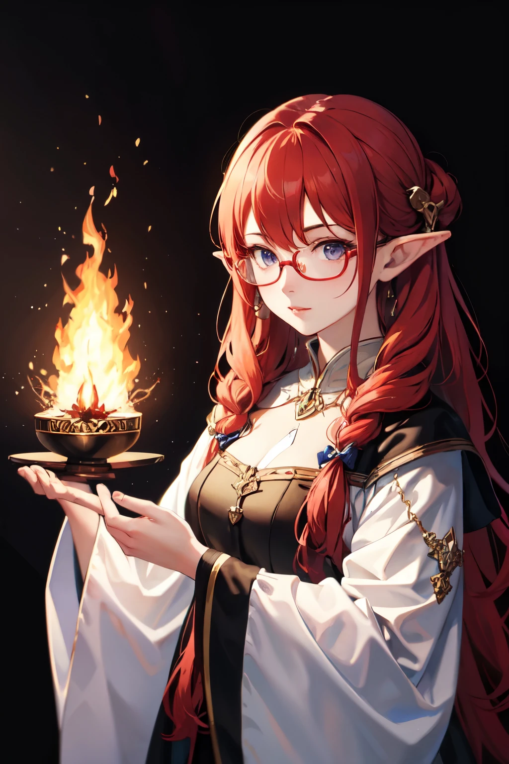 ((Highest quality)), ((masterpiece)), (detailed), One girl,Elf,Red Hair,Glasses,Fire Magic,The image color is reddish purple.,1280×720 size