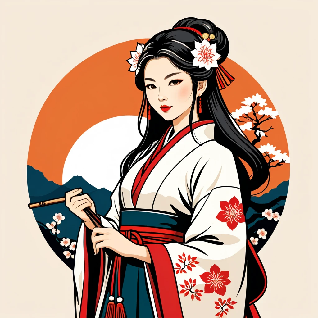 female enchanter in japanese folk outfit ,vector graphics, strong contours, logo design