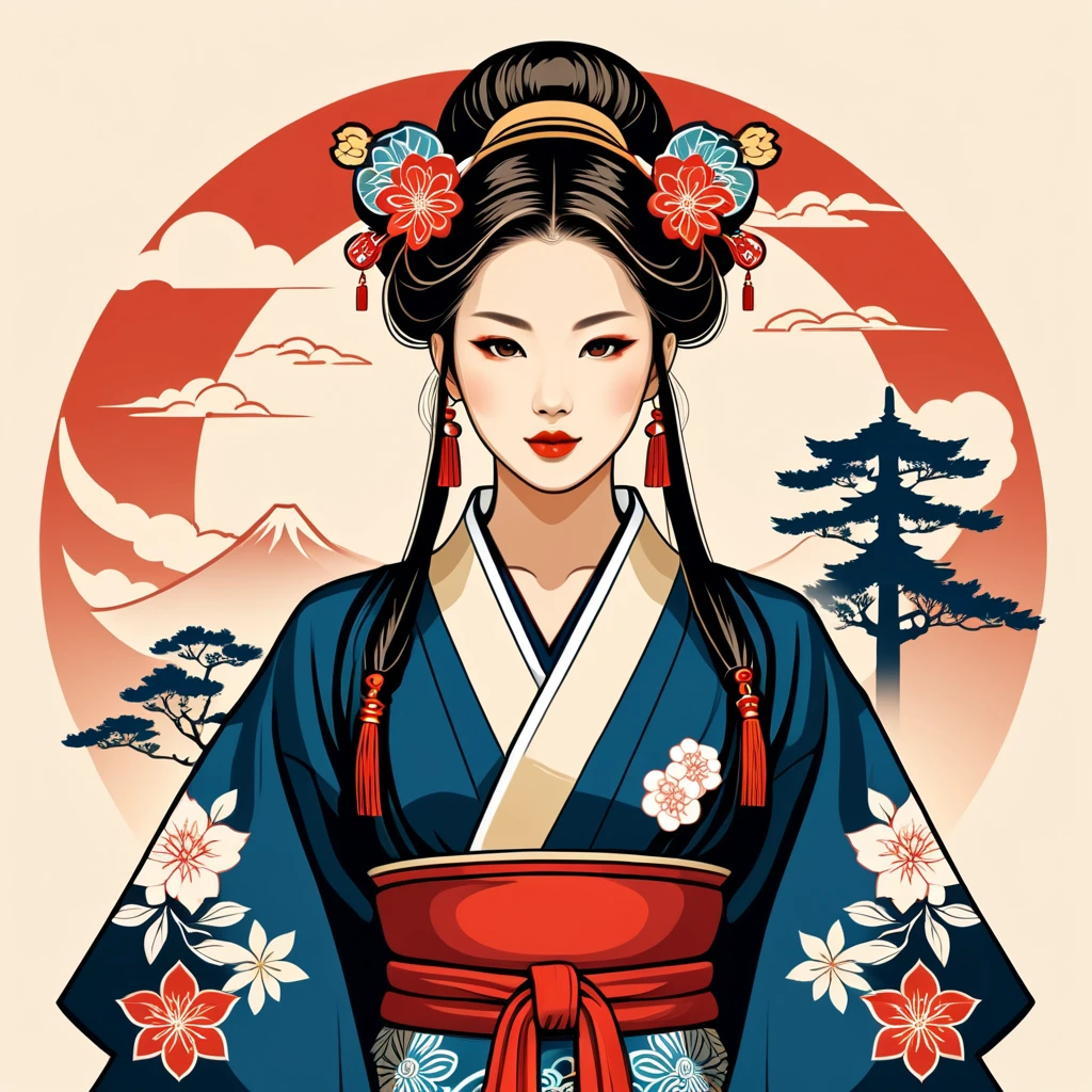 female enchanter in japanese folk outfit ,vector graphics, strong contours, logo design