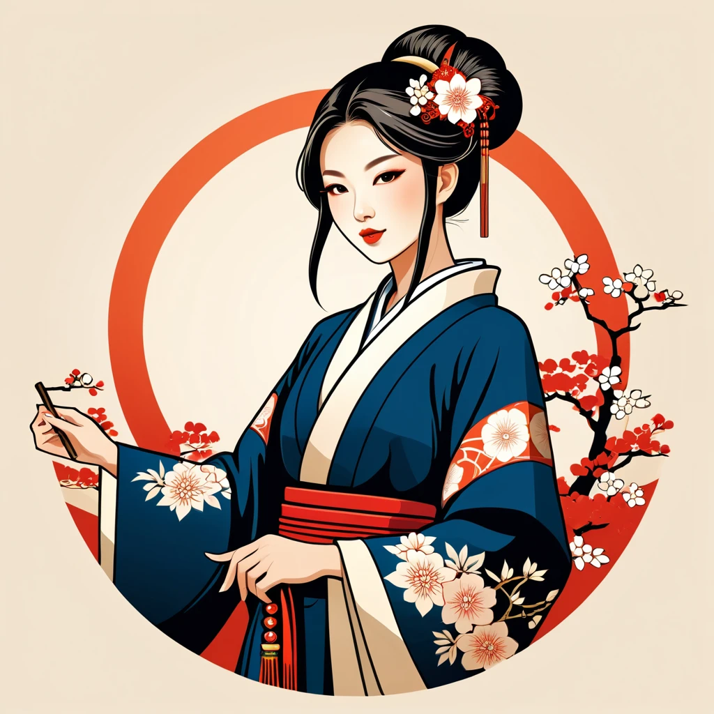 female enchanter in japanese folk outfit ,vector graphics, strong contours, logo design