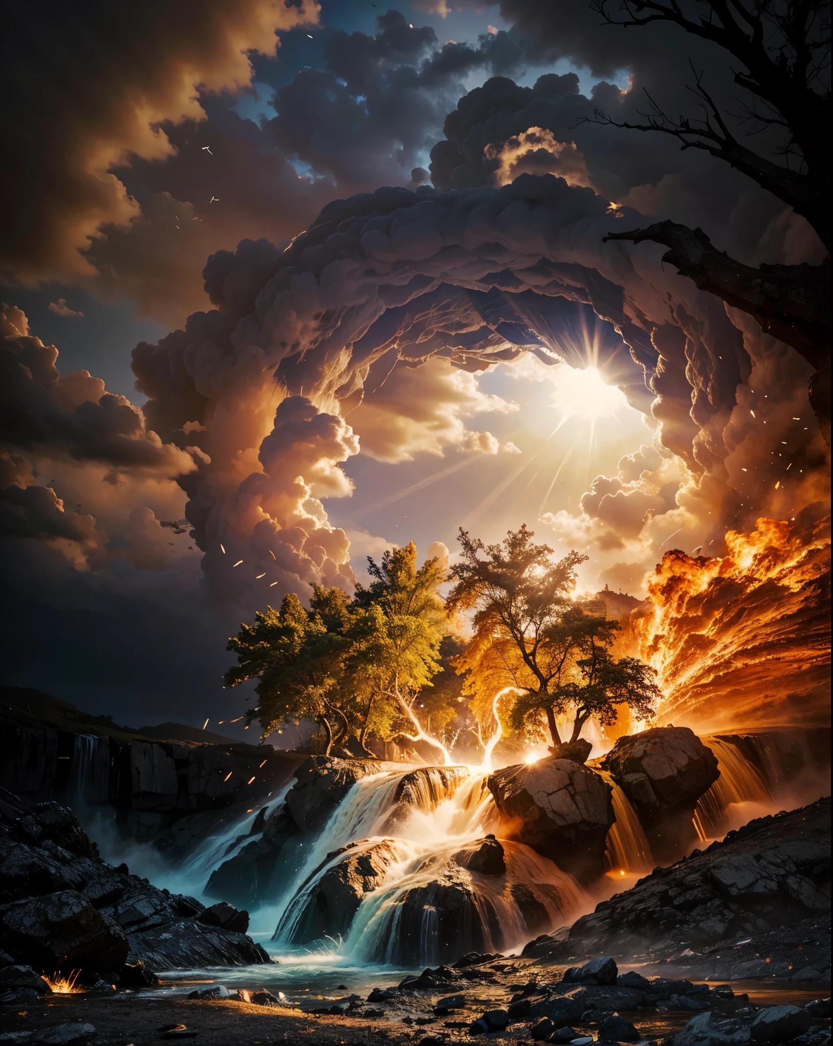 surrealismo, God's Heaven, The power of god, God's Realm, clouds, heavenly fire, powers, Fire Arrows, Rivers of water, Waterfalls, forst, Cedars, Greater power, natureza photorrealistic, Beauthfull, Blue Thunder, fire azul, Realistic fire azul, realistic thunder, electrical screws, realistic detailed 8k, Realistic 16K detail, hard, Detailed realistic color, Detailed realistic thunder, fire azul Realistic 8K, Cores photorrealistic 8K, 8K detailed colors, Nitidez photorrealistic 8K, ULTRAHD Photorealism, Divine fire azul, Divine Electric Blue Thunder, Sombras photorrealistics 8K, Textura photorrealistic, naturals, heavens, heavenly, sky night, céu de Beauthfull, the night, majestic, majestic Sky, naturalsmente Chique, thunders, Sky thunders, Divine thunder, linda, golden, starlight, Heavenly Bolts, villany azul, Blue Screws, Rendering, photorrealistic, ultra high definition, 4K, detailed textures, thunder, detailed shadows, detailed colors, naturals linda, Great Divine, detailed contrast, realistic contrast, high resolution, detailed colors, realistic detailed 16K, 8K high definition, detailed contrast, realistic contrast, high resolution, detailed colors, fire, villany, realistic detailed, chic, hour glass, Time Pass, hour glass Mística, Mysterious Power, surreal, Power Of Sky, Fire Power, The Final Time, End of Eras, Spiritual Word,