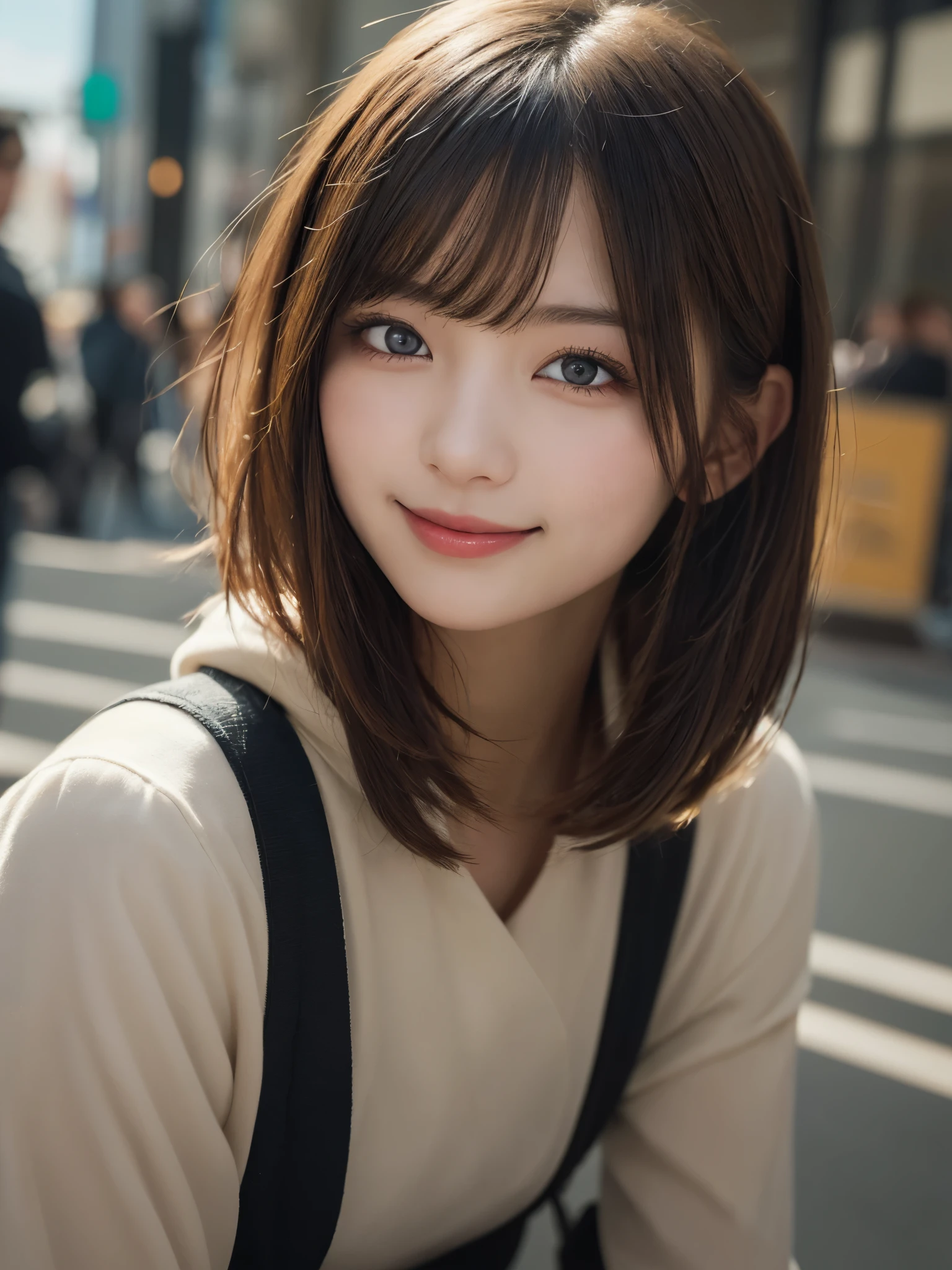 masterpiece, best quality, illustration, ultra-detailed, finely detailed, high resolution, 8K wallpaper, perfect dynamic composition, beautiful detailed eyes, Shibuya, edgy fashion, short hair, fierce expression, cute, smile, looking at camera