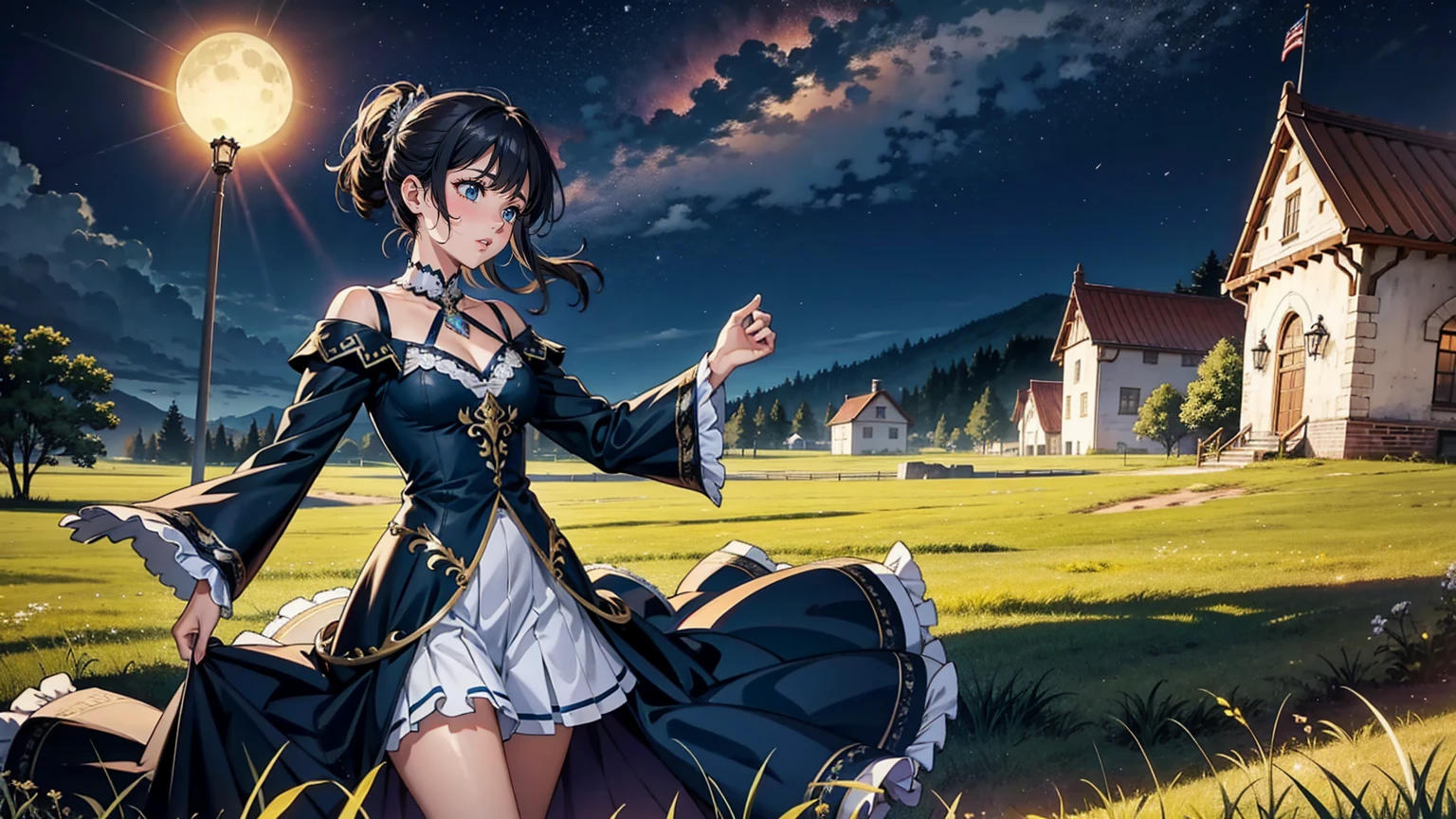 night　grassland　sing　woman　dress　Fantasy