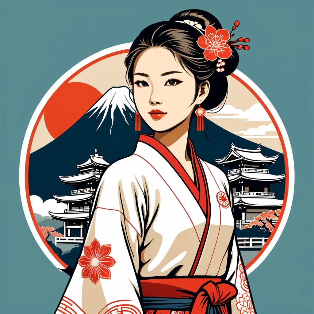 female engineer in japanese folk outfit ,vector graphics, strong contours, logo design