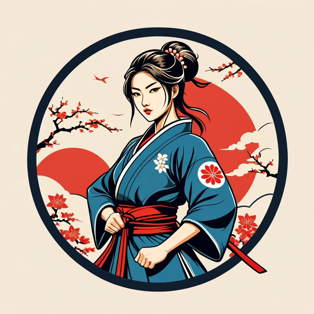female fighter in japanese folk outfit ,vector graphics, strong contours, logo design