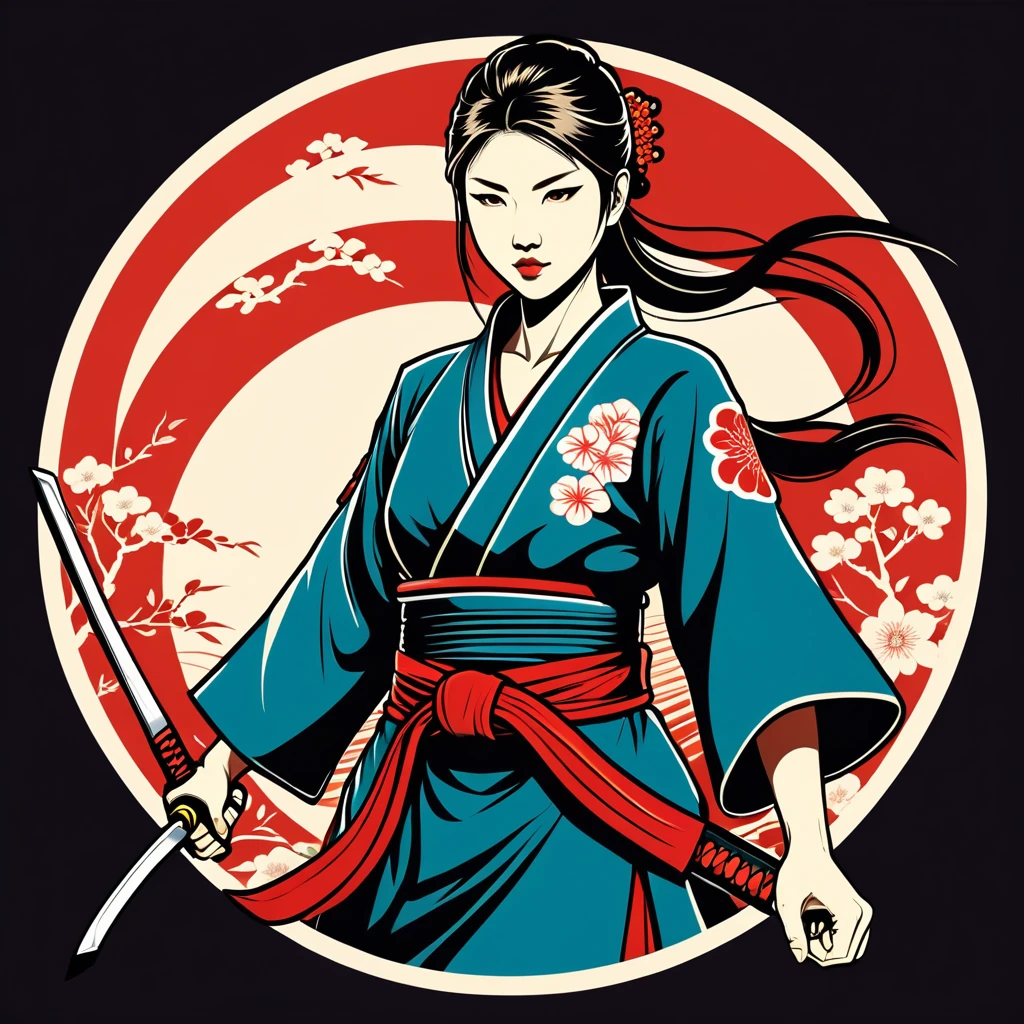 female fighter in japanese folk outfit ,vector graphics, strong contours, logo design