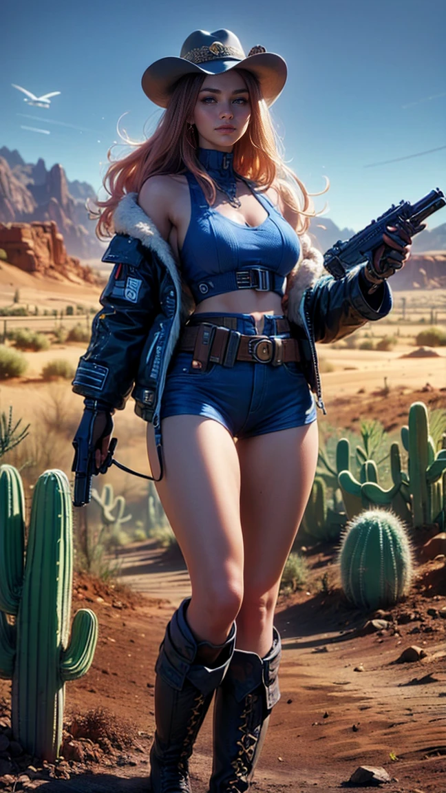 top quality, future world, State-of-the-art robot, Beautiful Woman, flying hair, Transformed into a cyborg except for the face,  Transformed into a cyborg except for the shoulder, sexy images, whole body photo, (((cowboy, hat, jacket, belt, gun, boots, cyber desert mountain, cactus)))