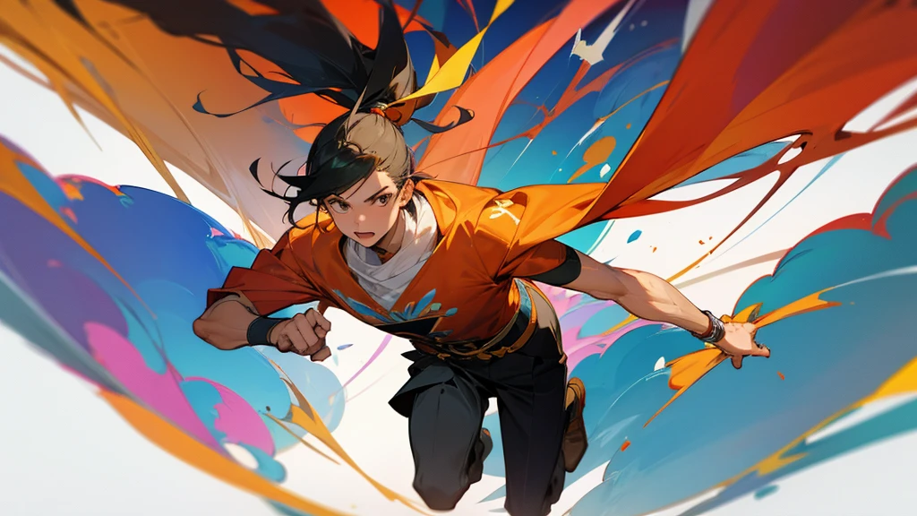 Boy jumping up with fist raised、Anatomically correct, Highest quality, Abstract painting, masterpiece,