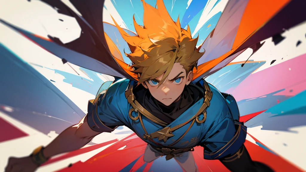 Boy jumping up with fist raised、Anatomically correct, Highest quality, Abstract painting, masterpiece,