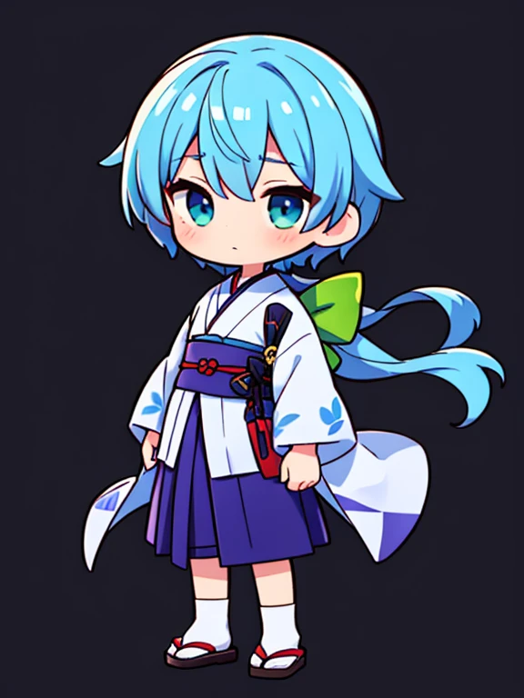1 boy,The upper half of the kimono is light purple,chibi,full body,green backgroud,blue hair,The lower half of the kimono is black with hakama