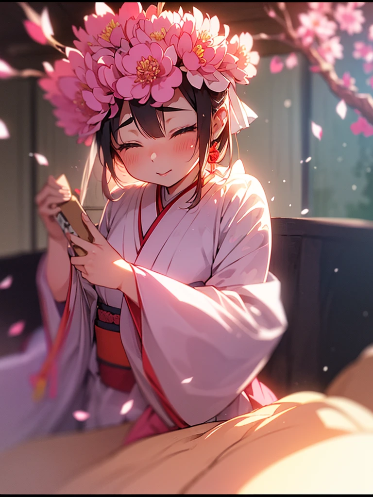 (Sumilux f1.4 50mm , low Latitude old color negative film , cross process , bokeh, flare, chromatic aberration , soft focus, (Shallow focus) , soft glow , Maximum aperture, High Key , Transparent depiction) , kawaii anime , messy erotica , Japanese Heian period , girl, fox ear , Maro eyebrows , kimono , Peony flowers blooming , steamy breath , passion , Drinking amazake , Drunkard , seduce , clothed , bare Collarbone , lying back on the futon , top view , hands up , focus face , My heart is beating fast , Hide with Peony , Blindfold