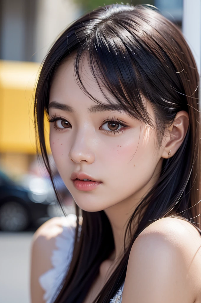 (masterpiece, best quality, hires, high resolution:1.2), (extremely detailed, intricate details, highres), (medium close-up:1.2) portrait on a (Tokyo street sunny background:1.2), (medium shot:1.2), (face focus:1.1), (soft focus:1.2), low lighting, (out of focus:1.2), bokeh, f1.4, 40mm, photorealistic, raw, 8k, ((textured skin:1.1, skin pores:0.3, realistic skin:1.1)), intricate details, 1girl, (ultra sharp image), black hair, perma straight hair style, very beautiful girl,