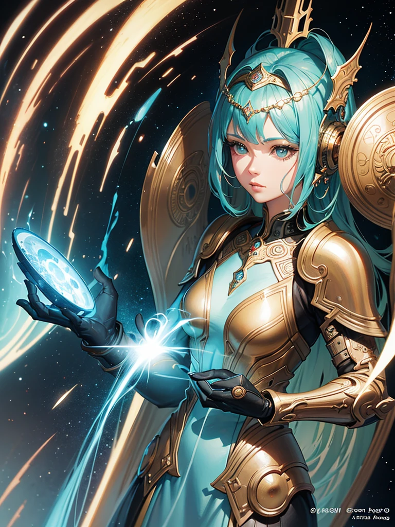 Wearing a helmet、Close-up of a woman wearing science fiction, Boris Vallejo and Tom Bagshaw, Prophet graphic novel, Space Relic, Inspired by Earl Norem, Deep Dream, Awarded at cgsociety, She looks a bit like Amy Adams, Golden Turquoise Steampunk, 2070