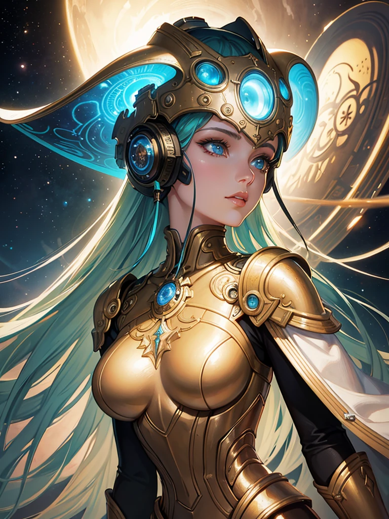 Wearing a helmet、Close-up of a woman wearing science fiction, Boris Vallejo and Tom Bagshaw, Prophet graphic novel, Space Relic, Inspired by Earl Norem, Deep Dream, Awarded at cgsociety, She looks a bit like Amy Adams, Golden Turquoise Steampunk, 2070