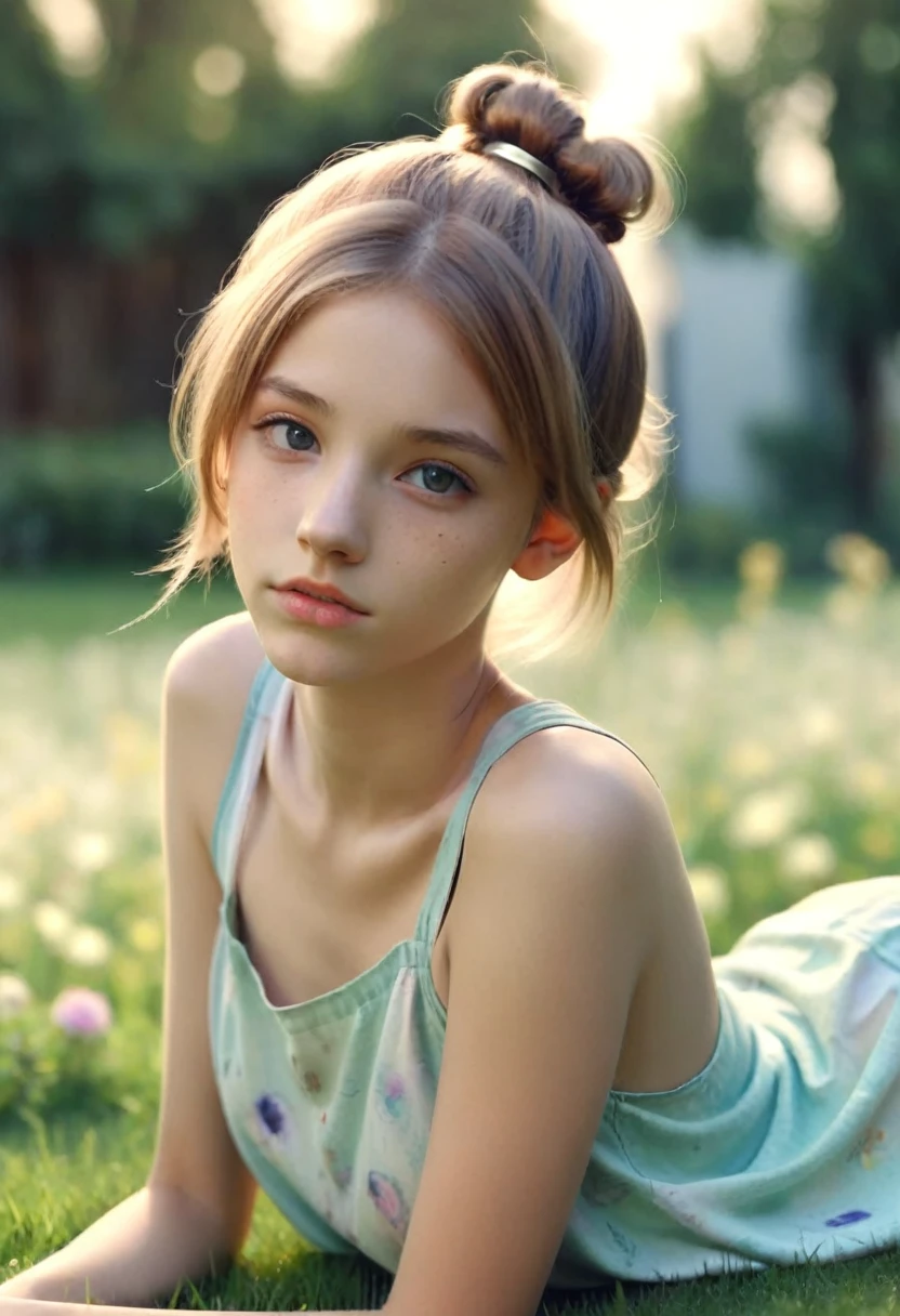 (Cinematic photo: 1.3) From (really: 1.3), (lying on her belly, comfortable: 1.3) Beautiful 12 year old girl lying on the grass, (difficult messy bun of light brown hair), высокодеталFromированная текстура кожи, skinny shoulders, realistic texture кожи, looks straight into the camera, (looks at the viewer), pout, pastel, Shine, Dramatic, Dreamy, pastelный цветочный сад, Thin, skinny, gentle, Высокая деталFromация, difficult, digital painting, Fantasy theme,skinny , bare belly, Fantasy concept art , Fantasy Characters, Beautiful teenage girl, Perfect body, highly detailed full-length shot, Dreamy, pastel, watercolor, strange, gentle, highly detailed texture, realistic texture, digital painting, высокодеталFromированная фотография (art deco: 1.3), (ФотореалFromм: 1.3), (Классический реалFromм: 1.3), (Fujifilm Superia: 1.3), Natural, golden hour light, beautiful garden wikth flowers in the background