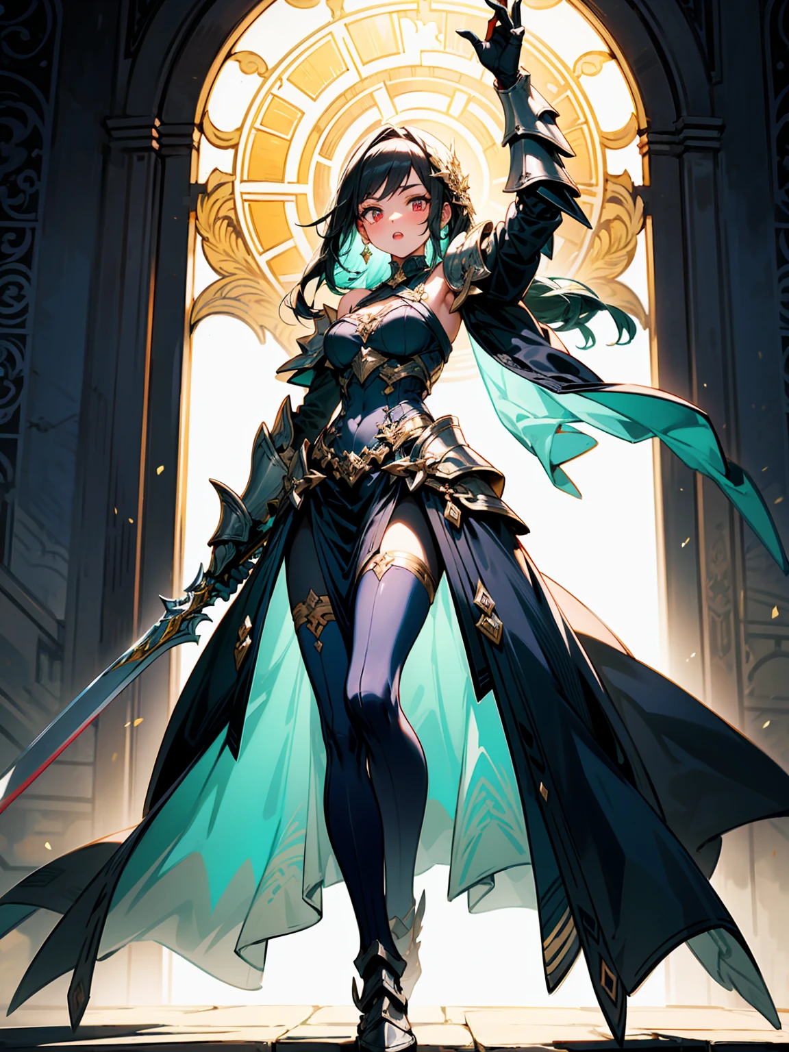 (((masterpiece, best quality, 16k)))A breathtaking artwork of a female character of unimaginable beauty, set in a dark and opulent environment. The full-body view reveals an impressive figure, exuding an aura of power and mystery. She wears black and gold unique armor, radiating a luxurious darkness. Her armor is detailed and characteristic, with intricate golden designs that shimmer in the dim light. Ornate shoulder pads protect her shoulders, and the armor perfectly molds to her body, accentuating her formidable presence. Her long black hair flows like a river of darkness, contrasting with her mesmerizing scarlet eyes. Her beauty is almost supernatural, a perfect blend of grace and menace. She wields a cursed blade that seems to pulse with malevolent energy, enhancing her aura of danger. The setting around her is a gothic and luxurious environment, with dark arches and stained glass windows that filter a supernatural light. In the background, candles flicker, casting dancing shadows on the intricately carved stone walls. It is a place that blends elegance and terror, perfectly reflecting the essence of the character.