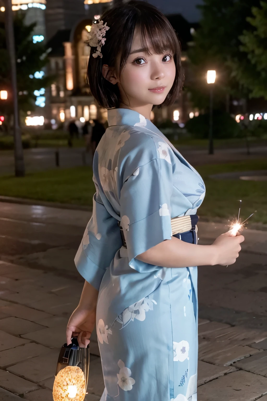 8K, RAW Photo, Best Quality, Masterpiece, Realistic, PhotoRealistic, Extremely Detailed 8K Wallpaper, (Beautifully Detailed Eyes), Finely Detailed Face, 
 BREAK 
Professional Lighting, 
 BREAK 
(A Girl is Playing Japanese Sparkler with Own Hand Extending to the Viewer:1.6), Pointing Fireworks to the Viewer:1.1, 
((Light Evening:1.2)), 
(marunouchiekimaehiroba:1.2), 
((lamppost, tree, scenery, building, sky, clock, city, real world location, road, street, window, cityscape, pavement)), 
 BREAK 
Perfectly Anatomically Correct:1.7, 5 Beautiful finger:1.7, 
 BREAK 
1 Girl, Very Short Hair Bun:1.2, Japanese, Kawaii, Wide-Set Eyes, Very White Skinned, Blush, Embarrassed, 17-Year-Old, 
(Captivating Eye Reflections), 
Peaceful, Smiling, Ecstasy, Open Mouse Slightly, 
Brown Hair, Wet Hair, 
(SkyBlue Japanese Yukata:1.4), Slightly Cleavage, 
Looking Back Viewer, 
 BREAK 
[SFW:1.0], 
 BREAK 
by Telephoto Lens, Eye Focus:1.0, Bokeh:1.1, from Back:1.0, from Side:1.0