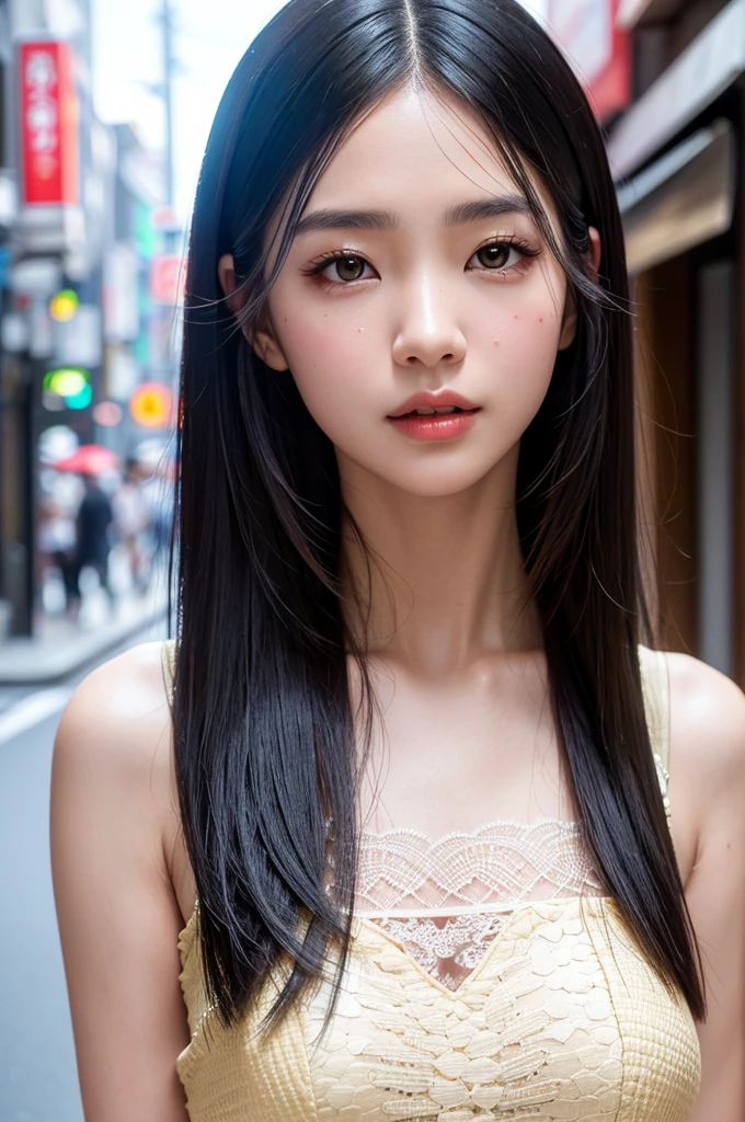 (masterpiece, best quality, hires, high resolution:1.2), (extremely detailed, intricate details, highres), (medium close-up:1.2) portrait on a (Tokyo street sunny background:1.2), (medium shot:1.2), (face focus:1.1), (soft focus:1.2), low lighting, (out of focus:1.2), bokeh, f1.4, 40mm, photorealistic, raw, 8k, ((textured skin:1.1, skin pores:0.3, realistic skin:1.1)), intricate details, 1girl,  (ultra sharp image), black hair, perma straight hair style, very beautiful girl,  
