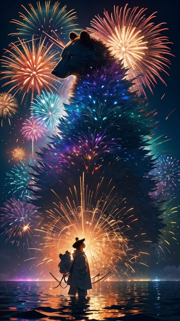 Rainbow colorsのSubbear、Bear、親Subbear、Subbear、White bear、Subbearたちに囲まれて、Mysterious Landscape、firework、firework大会、Rainbow colorsのfireworkが打ちあがっている瞬間、夜nullとともに、幻想的な海景色で壮大なfirework、future都市、Highest quality、masterpiece, (Diffuse reflection of light:1.2), When the fantastic rainbow turns into shadow, bathed in a mystical atmosphere.Subbearたちも見ています, Cast magic spells. evoke a sense of wonder and awe. A fusion of natural grandeur and magic, Weaving dreams into reality. Behold, null, And the unknown, Fleeting、And an eternal moment, 16K, Ultra-high resolution.Realistic, Ultra-high resolution, to be born,future、Rainbow colorsに光り輝く、Rainbow colors、The world 30 years from now。